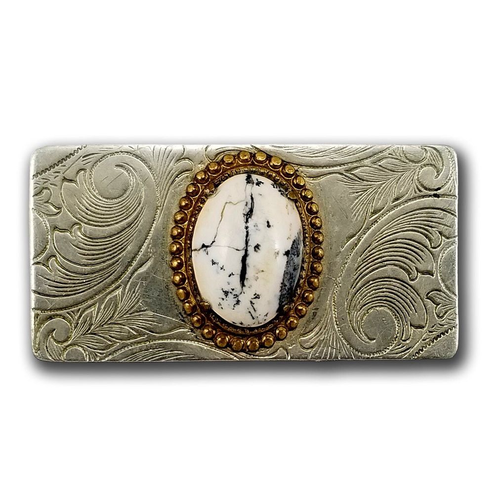 White Buffalo Vintage Belt Buckle Nickel Silver Filigree Western Cabochon - Picture 2 of 9